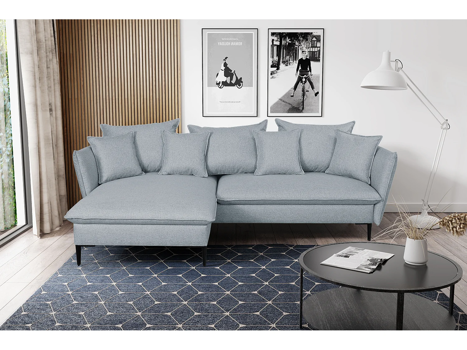 Canapé d'angle convertible en tissu gris bleuté LAZARE - Angle gauche