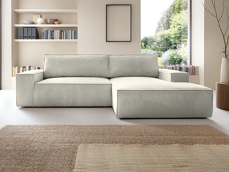 Canapé d'angle droit convertible en velours côtelé beige AMELIA