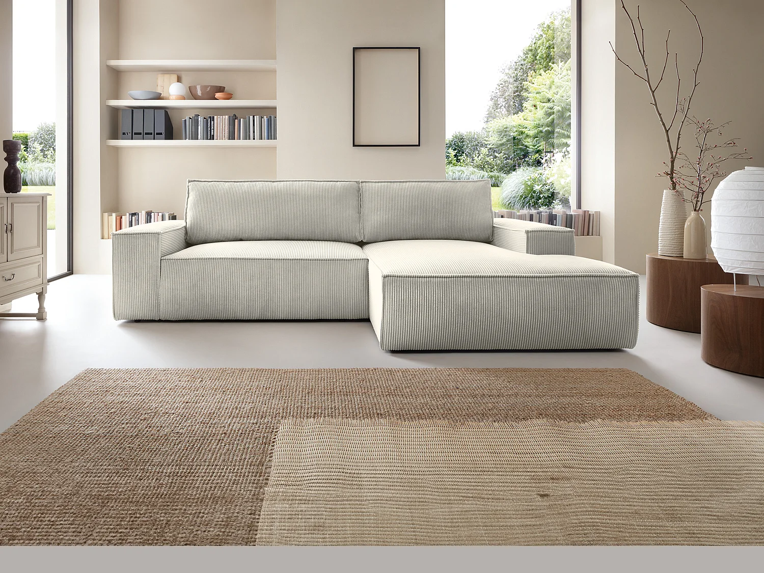 Canapé d'angle droit convertible en velours côtelé beige AMELIA