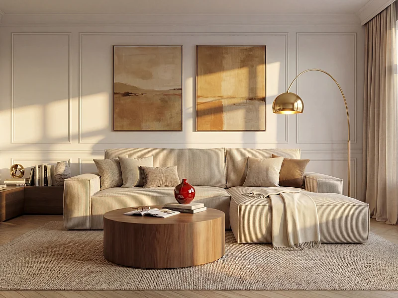 Canapé d'angle droit convertible en velours côtelé beige AMELIA