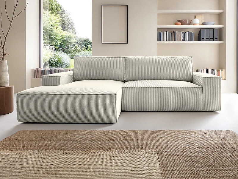 Ecksofa mit Schlaffunktion - Ecke Links - Cord - Beige - AMELIA