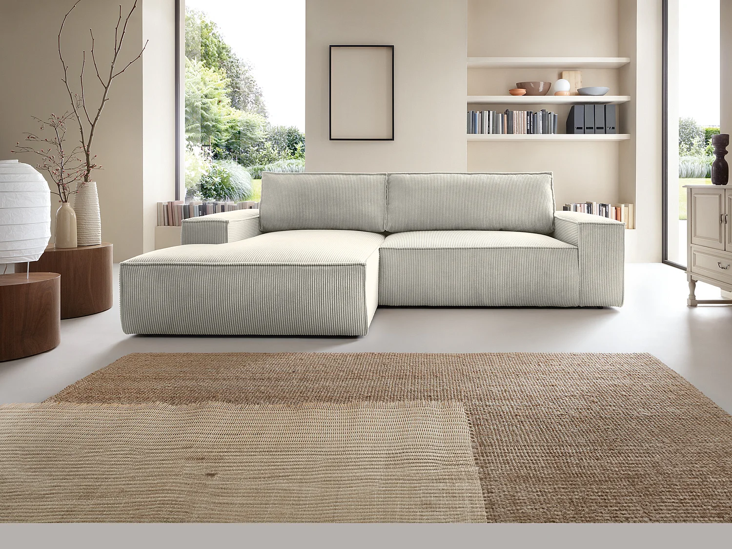 Canapé d'angle gauche convertible en velours côtelé beige AMELIA