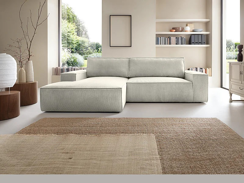Ecksofa mit Schlaffunktion - Ecke Links - Cord - Beige - AMELIA