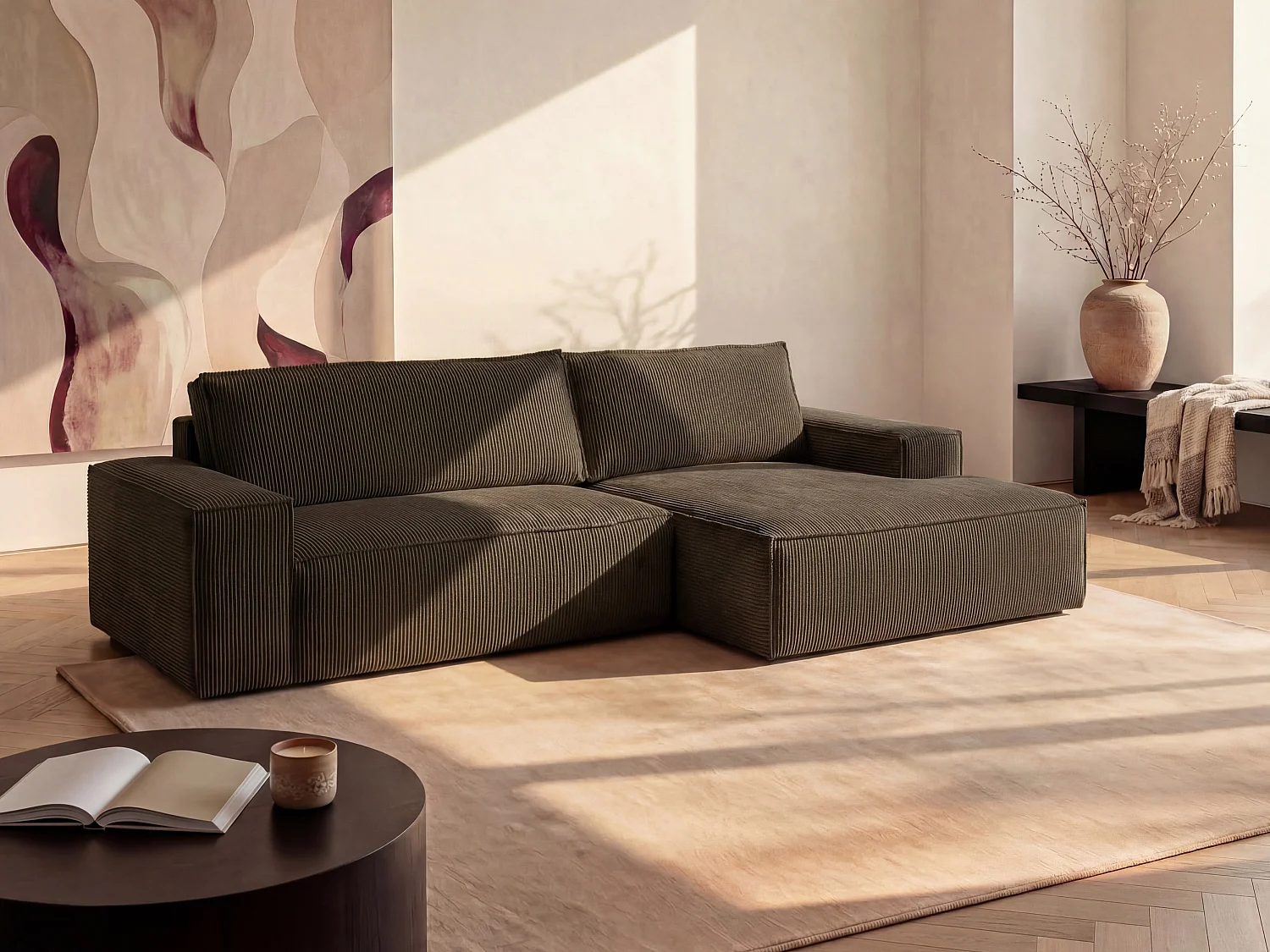 Ecksofa mit Schlaffunktion - Ecke Rechts - Cord - Braun - AMELIA