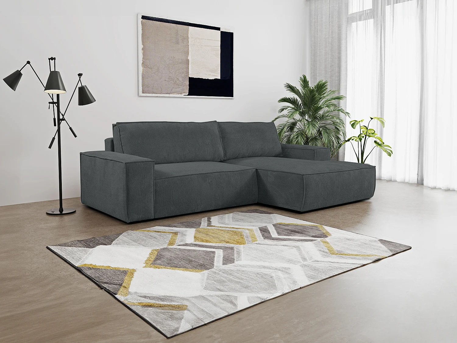 Ecksofa mit Schlaffunktion  - Ecke Rechts - Cord - Anthrazit - AMELIA