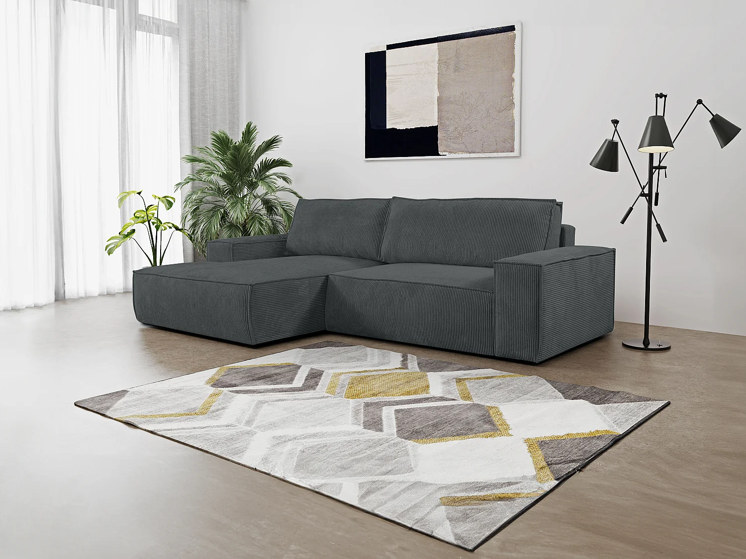 Ecksofa mit Schlaffunktion - Ecke Links - Cord - Anthrazit - AMELIA