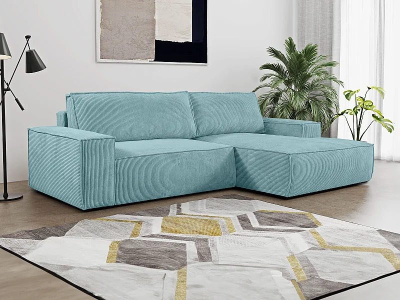Ecksofa mit Schlaffunktion - Ecke Rechts - Cord - Türkisblau - AMELIA