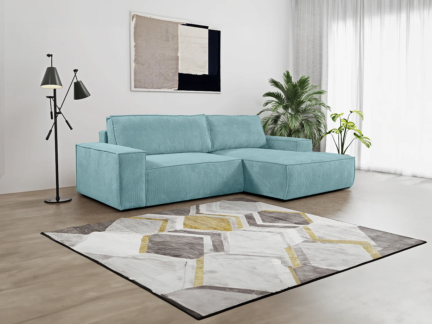 Ecksofa mit Schlaffunktion - Ecke Rechts - Cord - Türkisblau - AMELIA