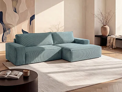 Ecksofa mit Schlaffunktion - Ecke Rechts - Cord - Türkisblau - AMELIA