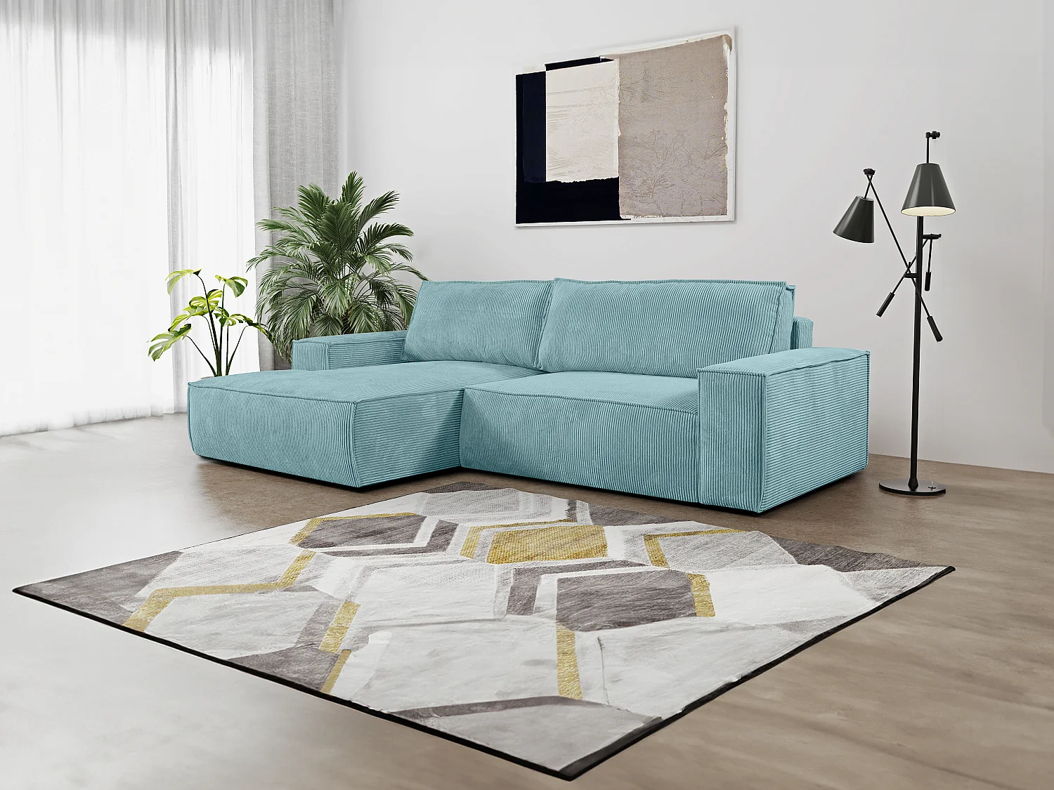 Ecksofa mit Schlaffunktion - Ecke Links - Cord - Türkisblau - AMELIA