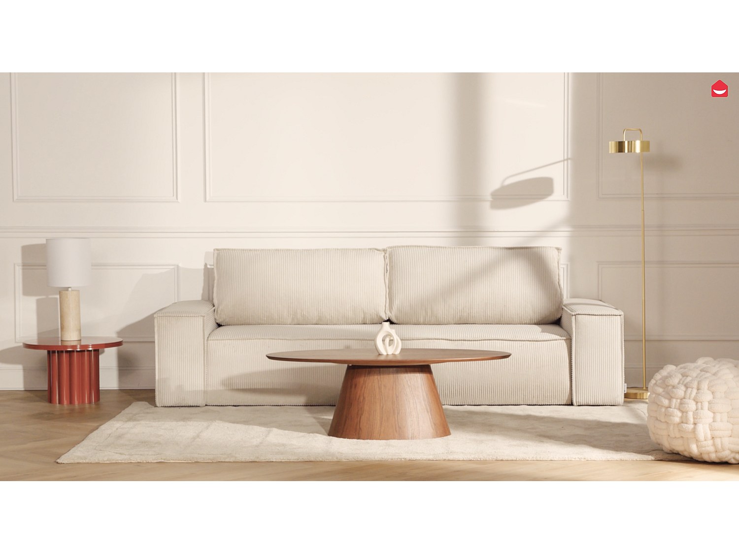 Sovesofa 4-seters i beige kordfløyel AMELIA