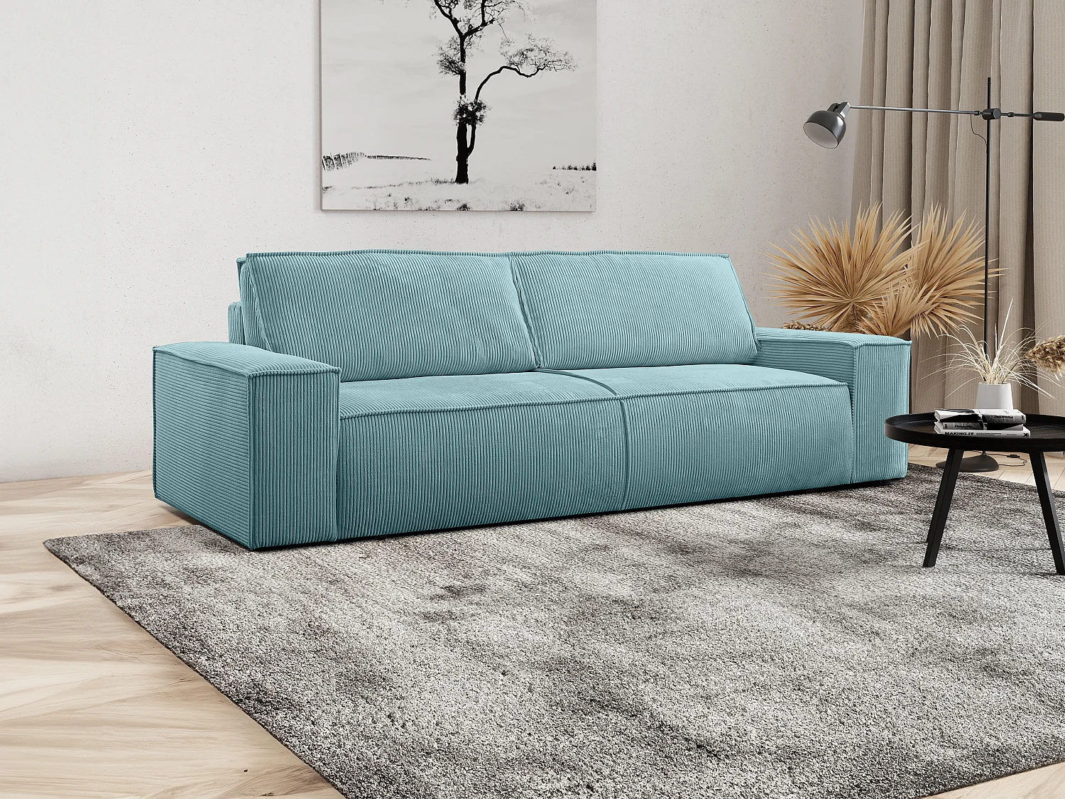 Divano letto 4 posti in Velluto a coste Azzurro turchese - AMELIA di PASCAL MORABITO
