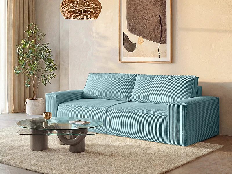 Sofá cama de 4 plazas de pana azul turquesa AMELIA