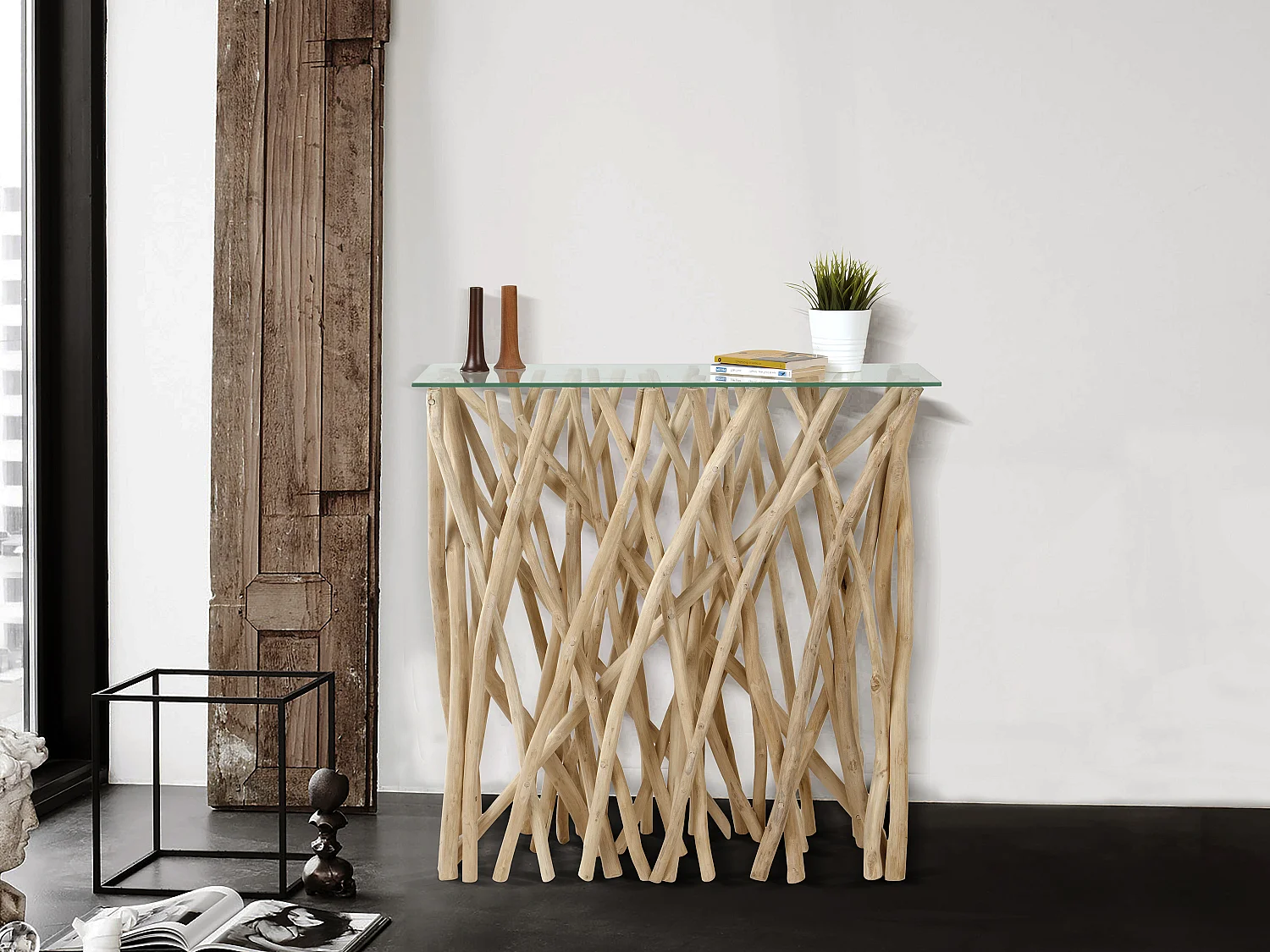 Console en verre trempé et teck - Coloris : Naturel - GAYANA