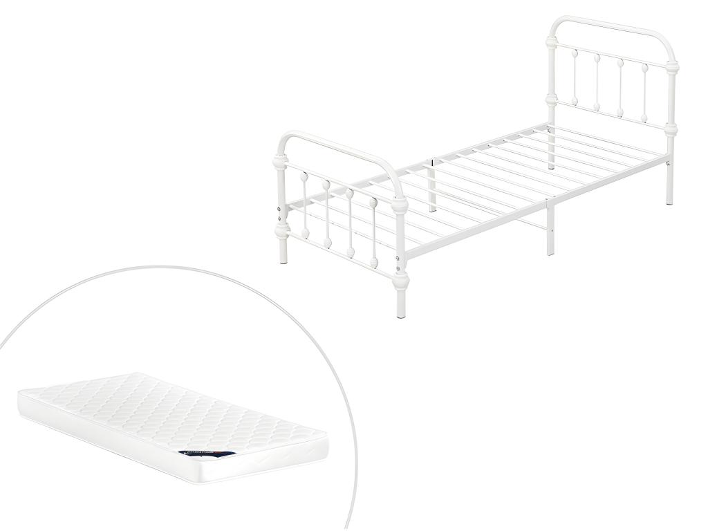 Bett PADMA - 90 x 200 cm - Metall - Weiß + Matratze