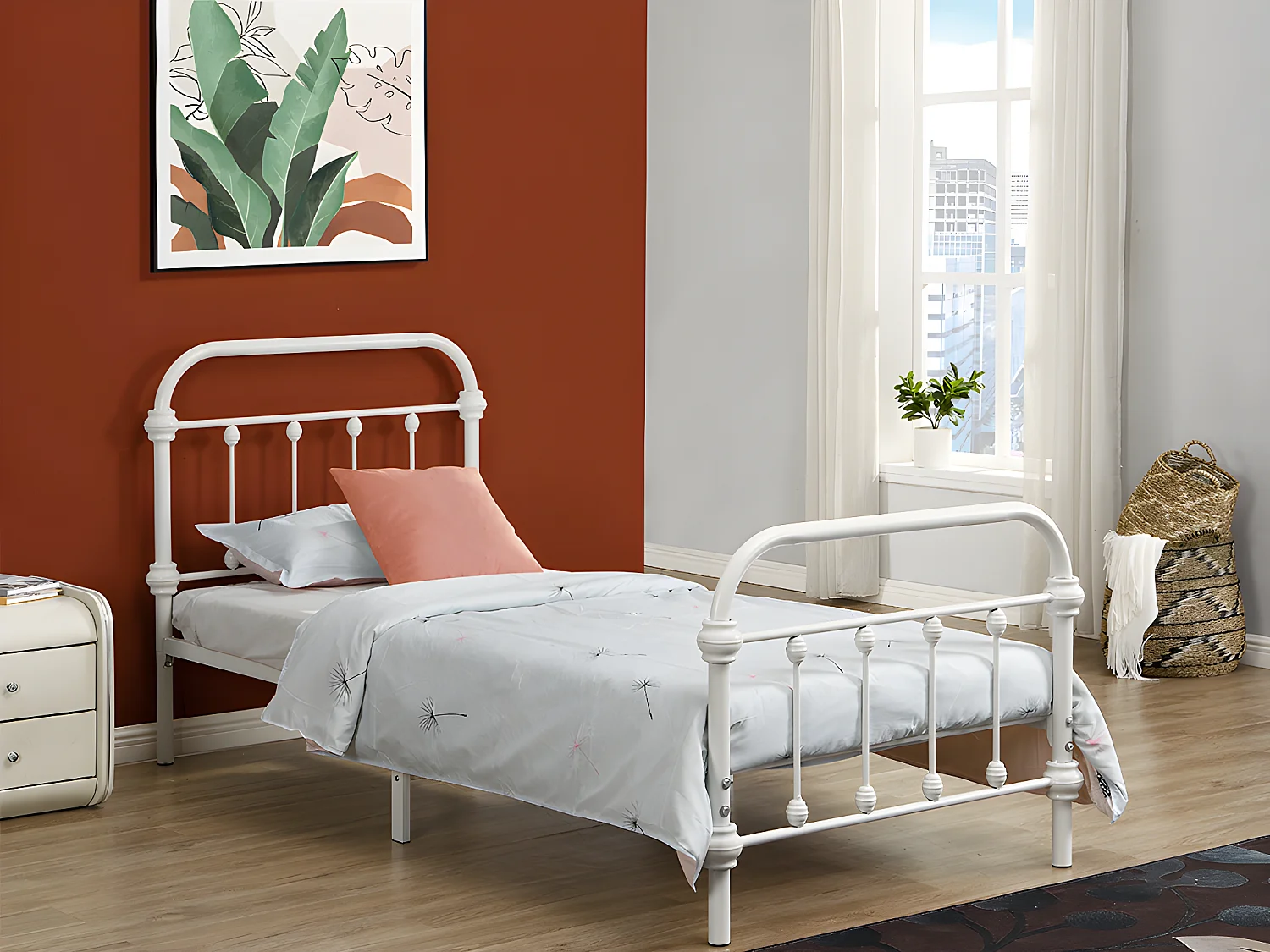 Cama de 90 x 200 cm em metal cor branco + Colchão - PADMA