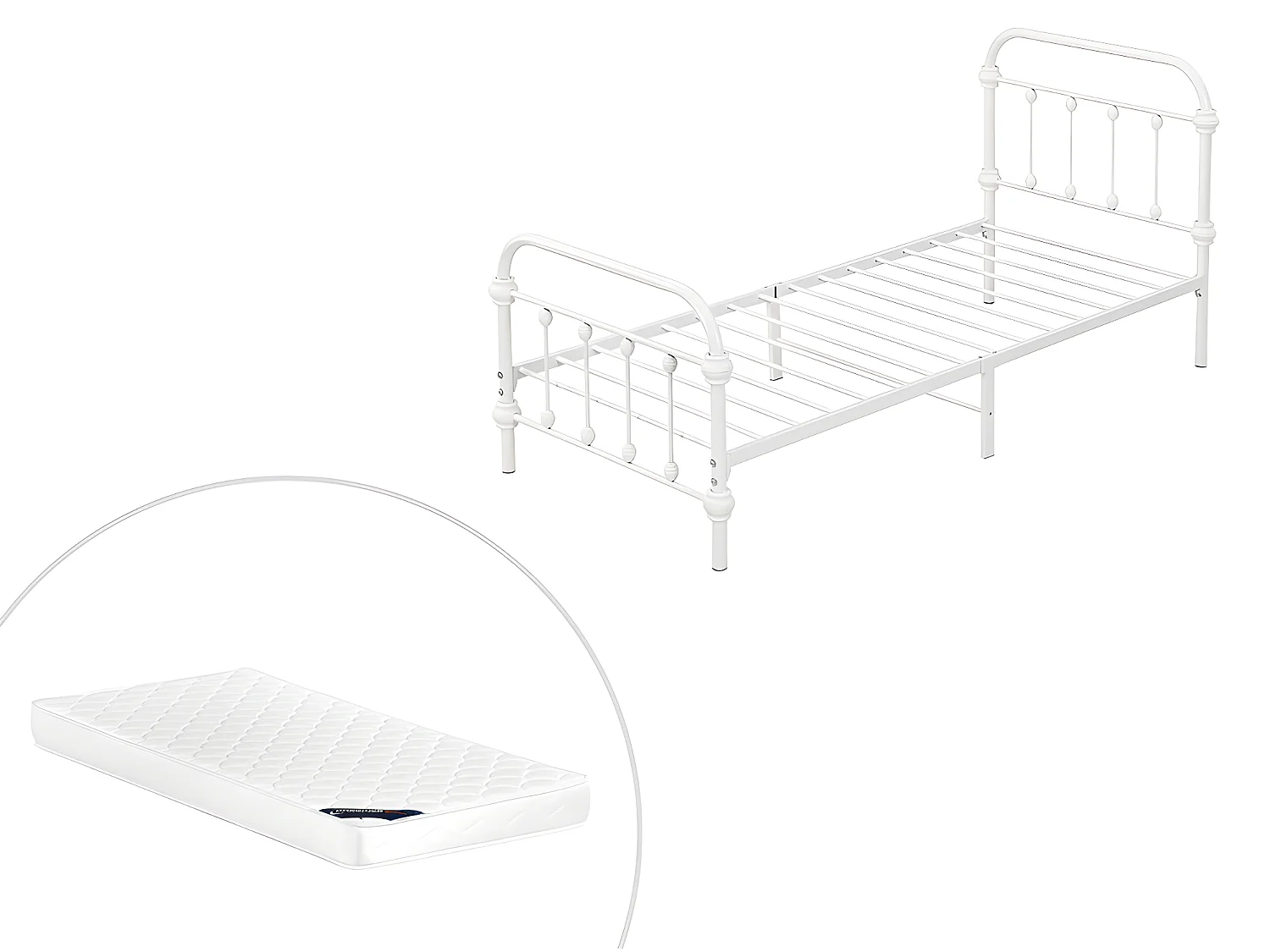 Cama de 90 x 200 cm em metal cor branco + Colchão - PADMA