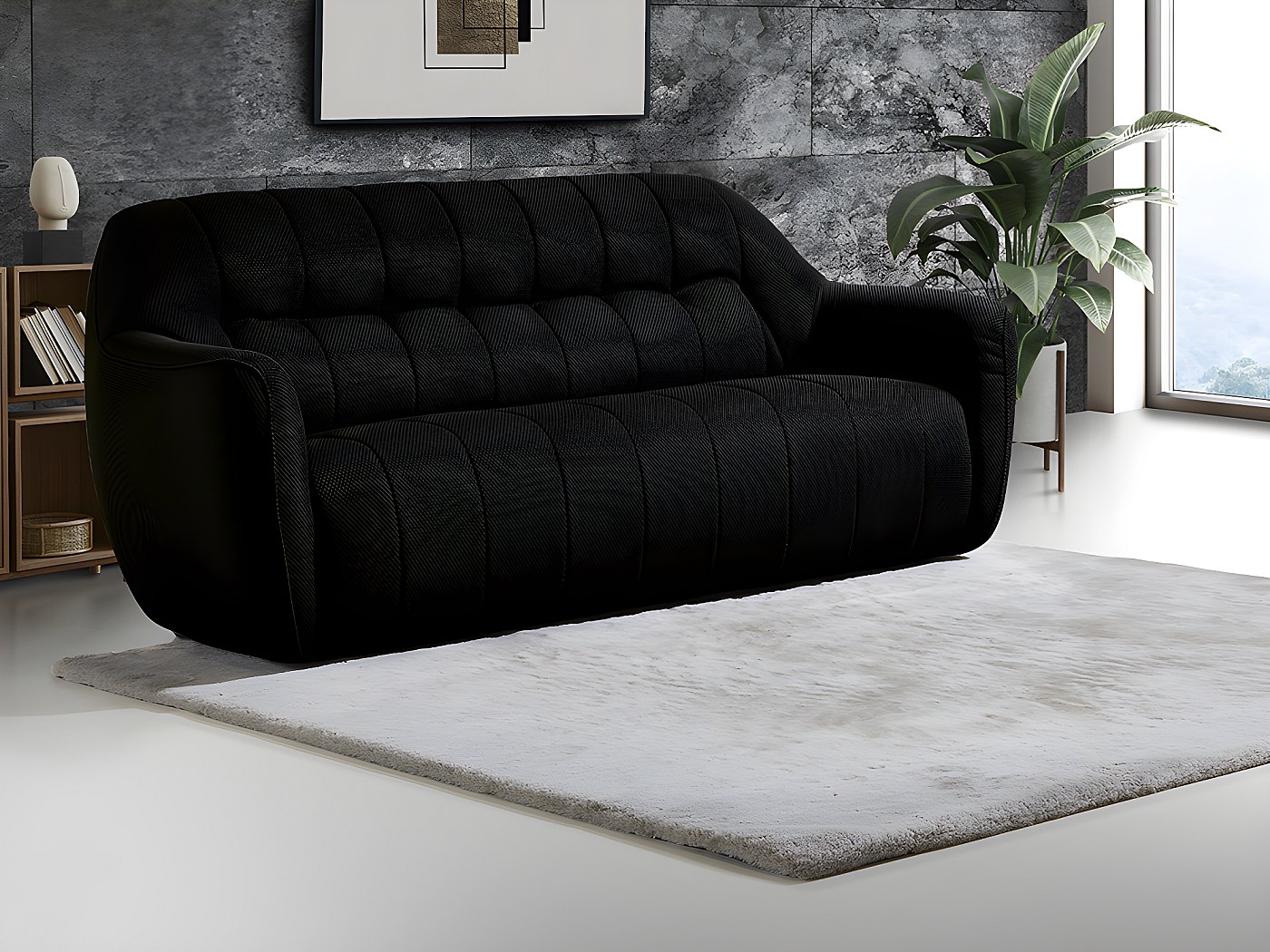 Canapé 3 places en tissu 3D noir au style design ARIANO