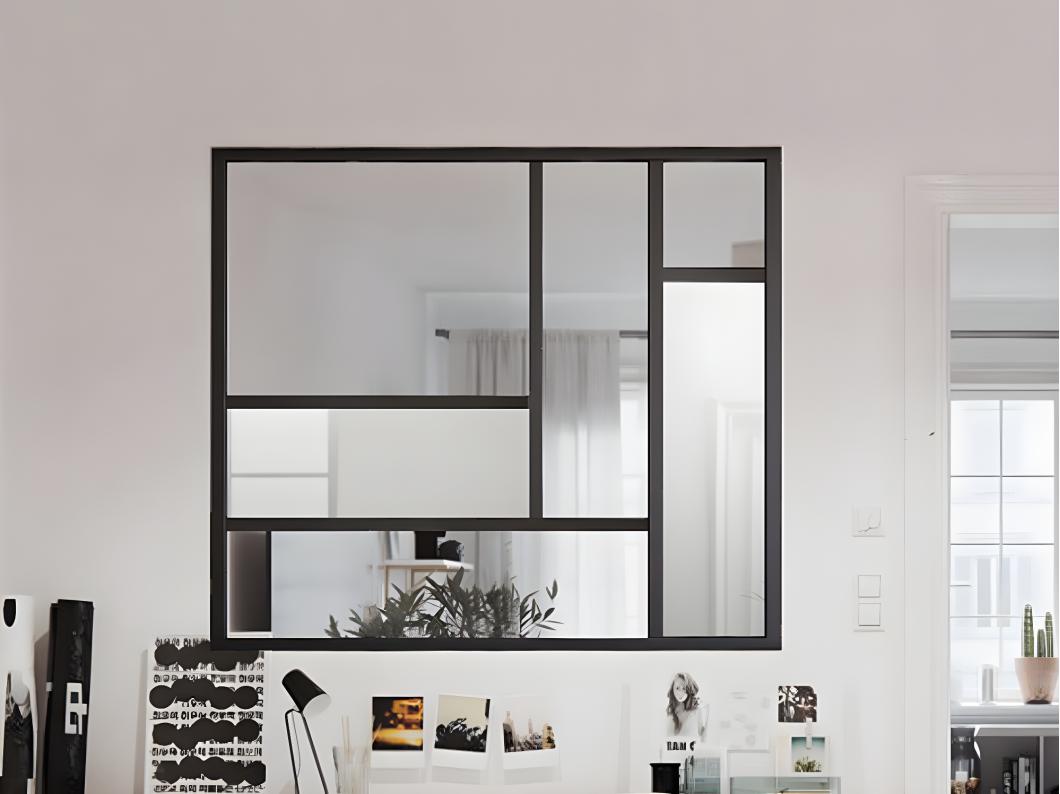 Verrière atelier design en aluminium thermolaqué avec miroirs 150x130 cm - Noir - ELEXIA
