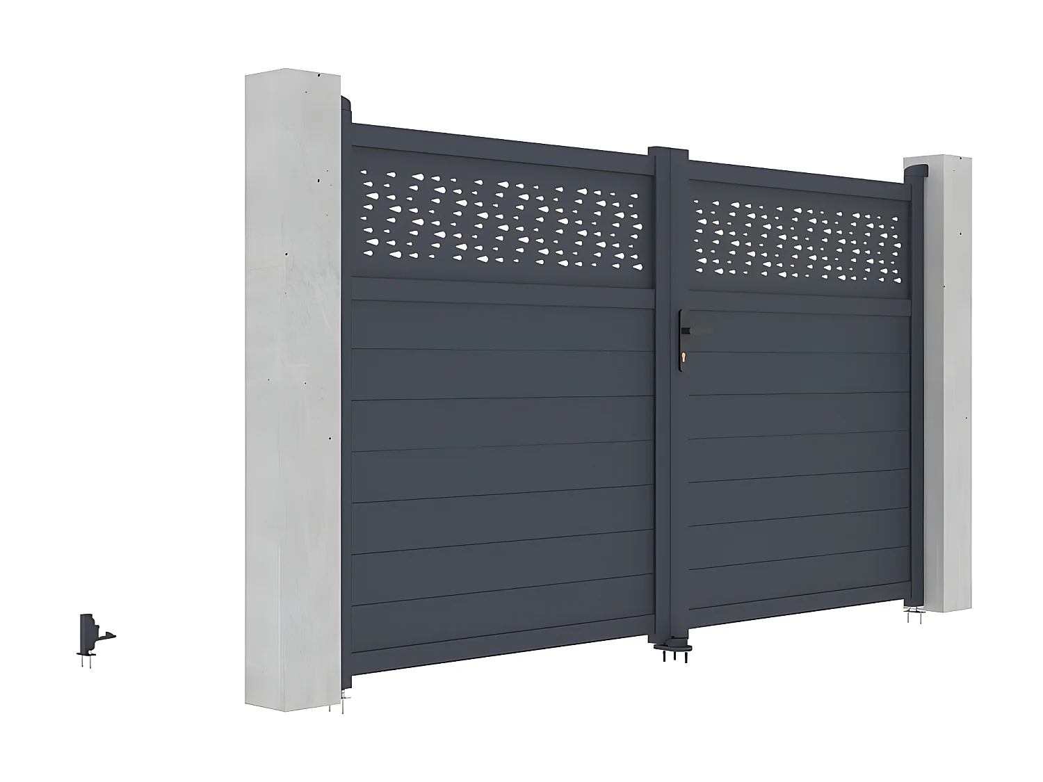 Portail battant aluminium semi plein à motifs L305 x H181 cm anthracite - BAZIO