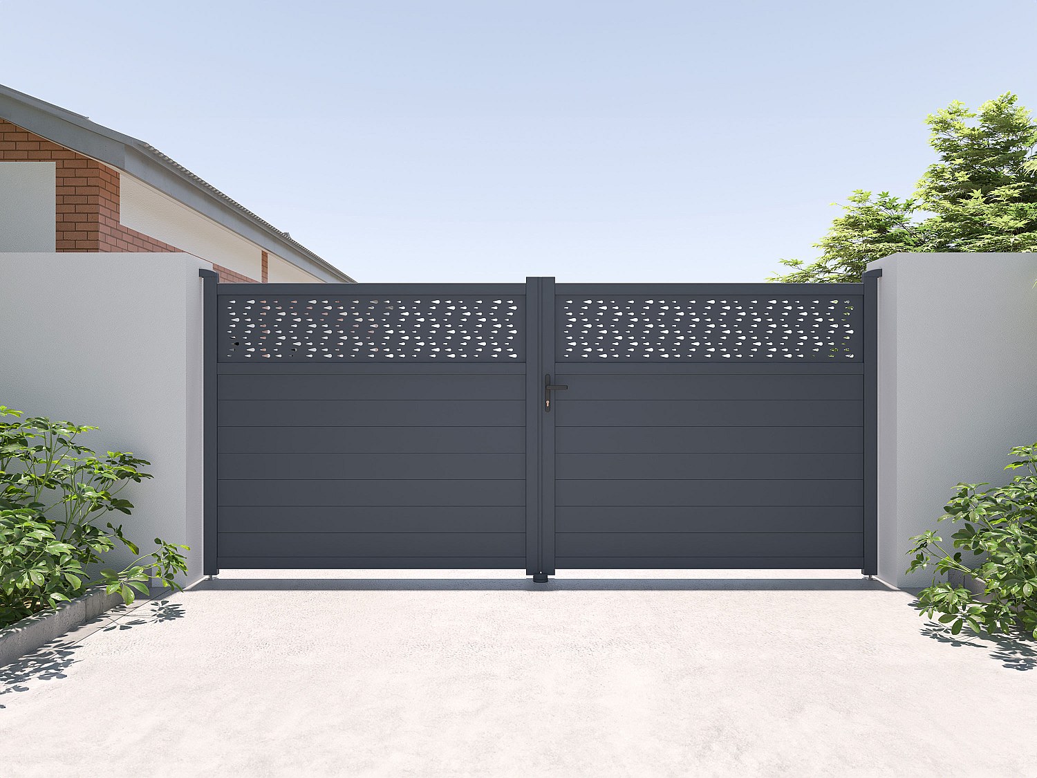 Vente-unique Gartentor Flügeltor - 305 x 181 cm - Aluminium - Halbvoll mit Muster - Anthrazit - BAZIO 821643