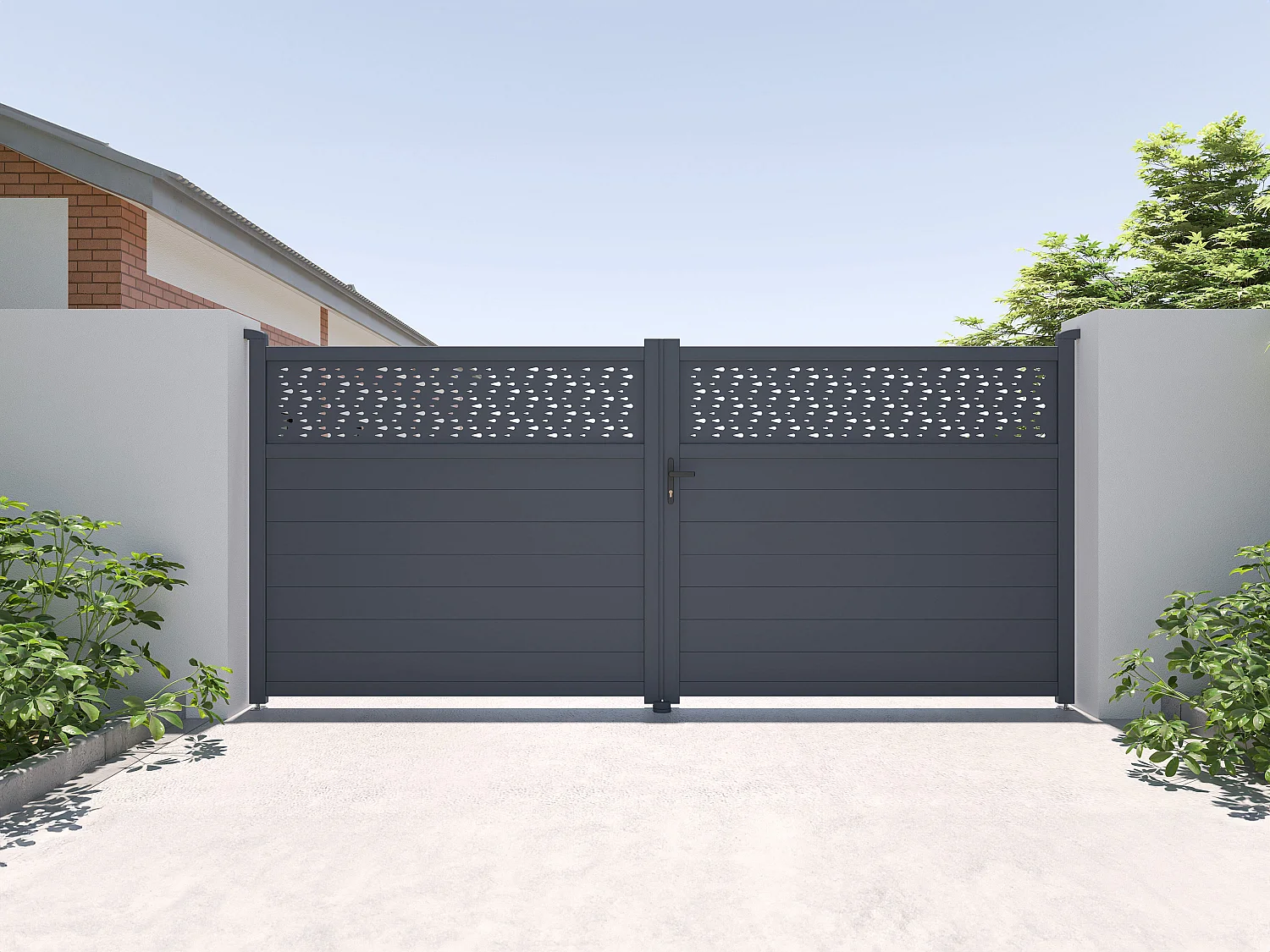 Portail battant aluminium semi plein à motifs L305 x H181 cm anthracite - BAZIO