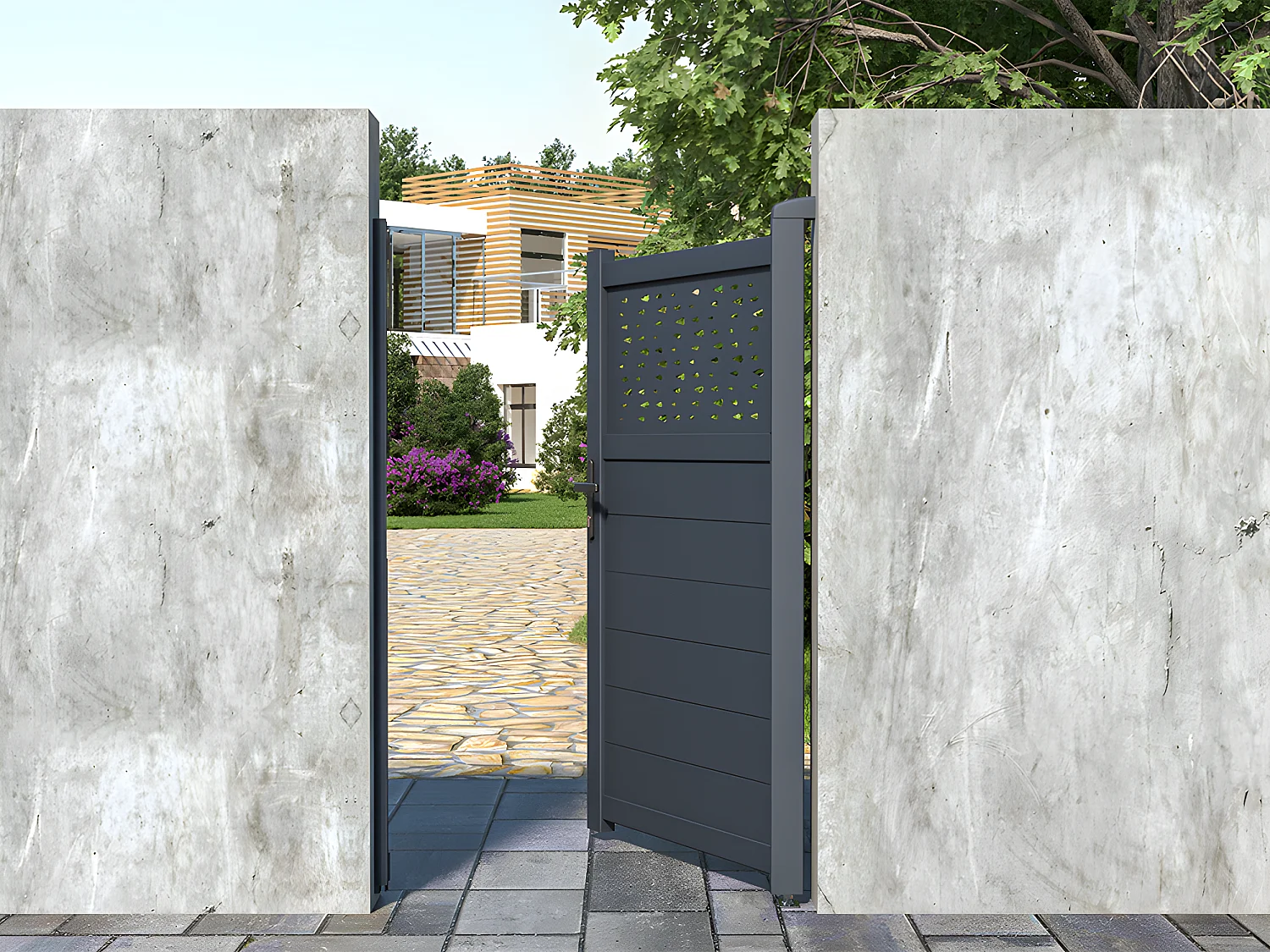 Portillon battant aluminium semi plein à motifs L103 x H166 cm anthracite - BAZIO
