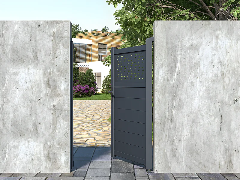 Portillon battant aluminium semi plein à motifs L103 x H166 cm anthracite - BAZIO