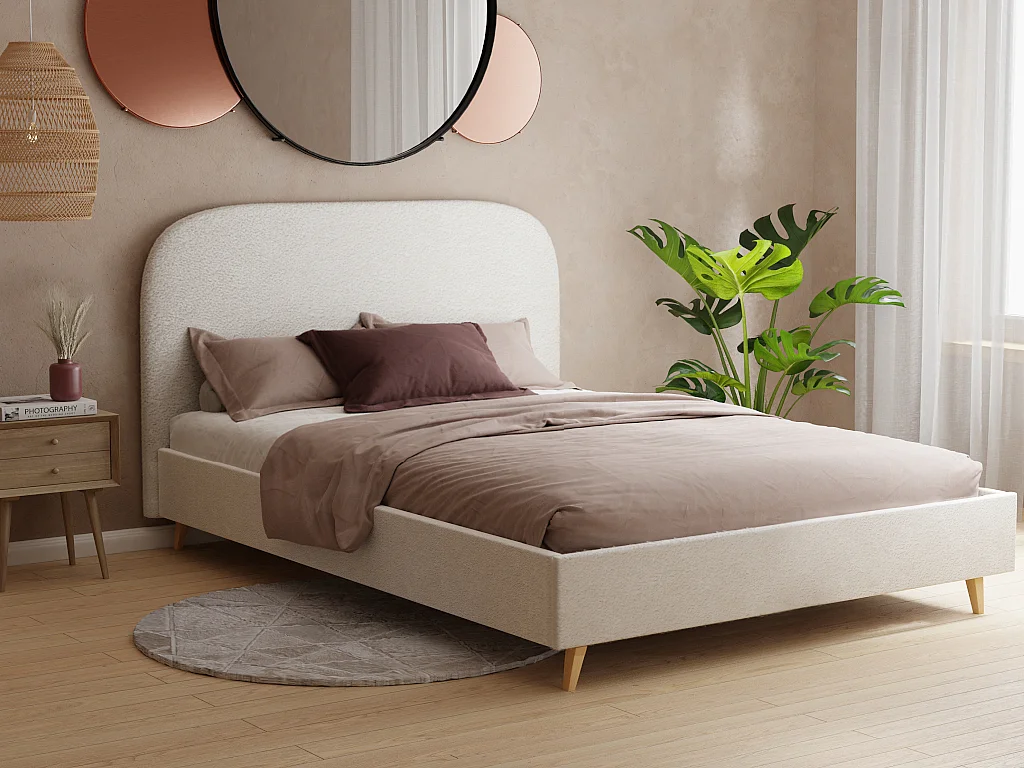 Bed 160 x 200 cm - Stof met kruleffect - Ecru - SANTADI