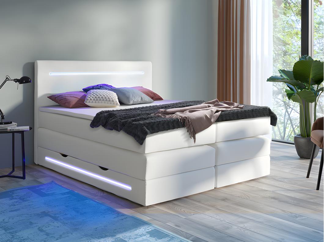 Ensemble complet boxspring tête de lit avec leds + sommiers coffre + matelas + surmatelas - 160 x 200 cm - Simili - Blanc - KEROS de YSMÉE