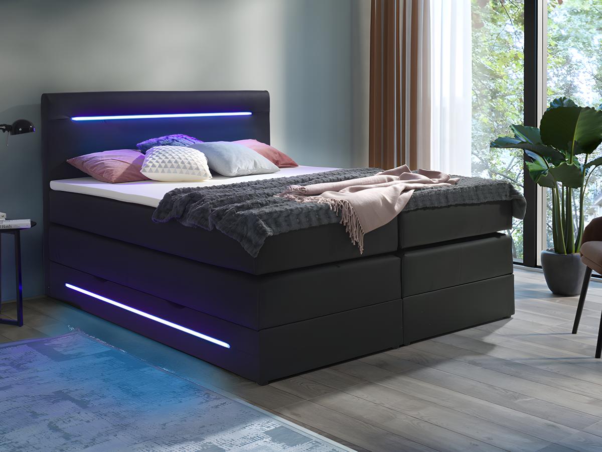 LED-Boxspringbett mit Kopfteil mit LEDs + Bettkasten + Matratzen +  Topper günstig online kaufen