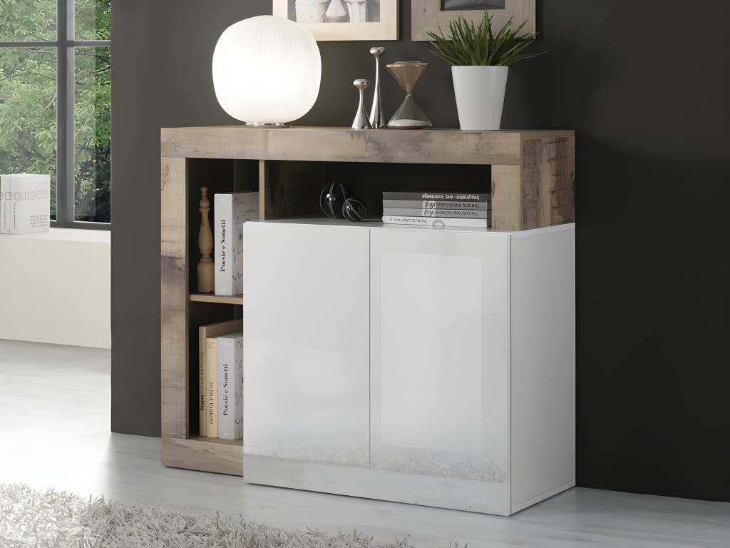 Buffet SEFRO - 2 portes et 3 niches - Blanc laqué et chêne
