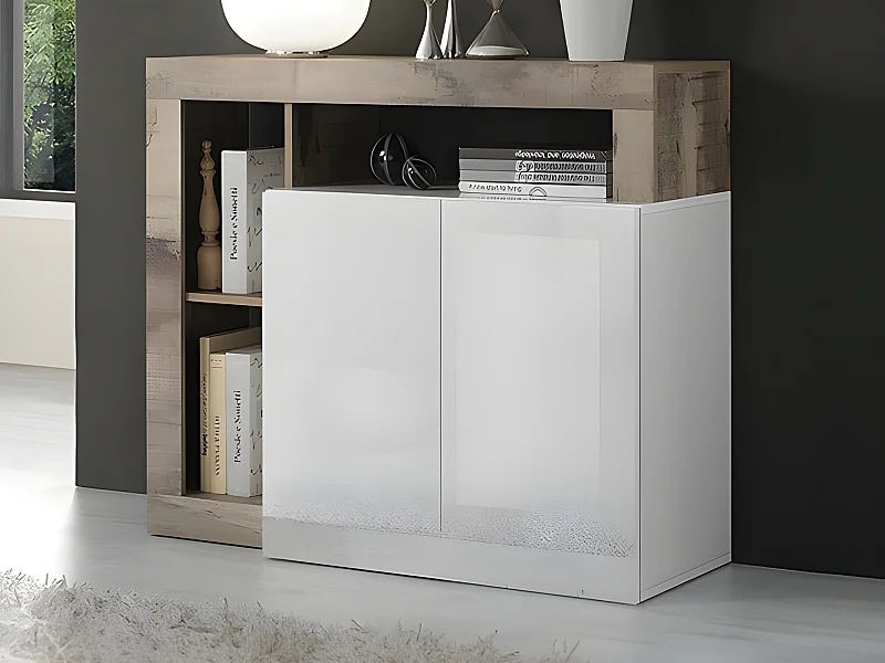 Buffet SEFRO - 2 portes et 3 niches - Blanc laqué et chêne