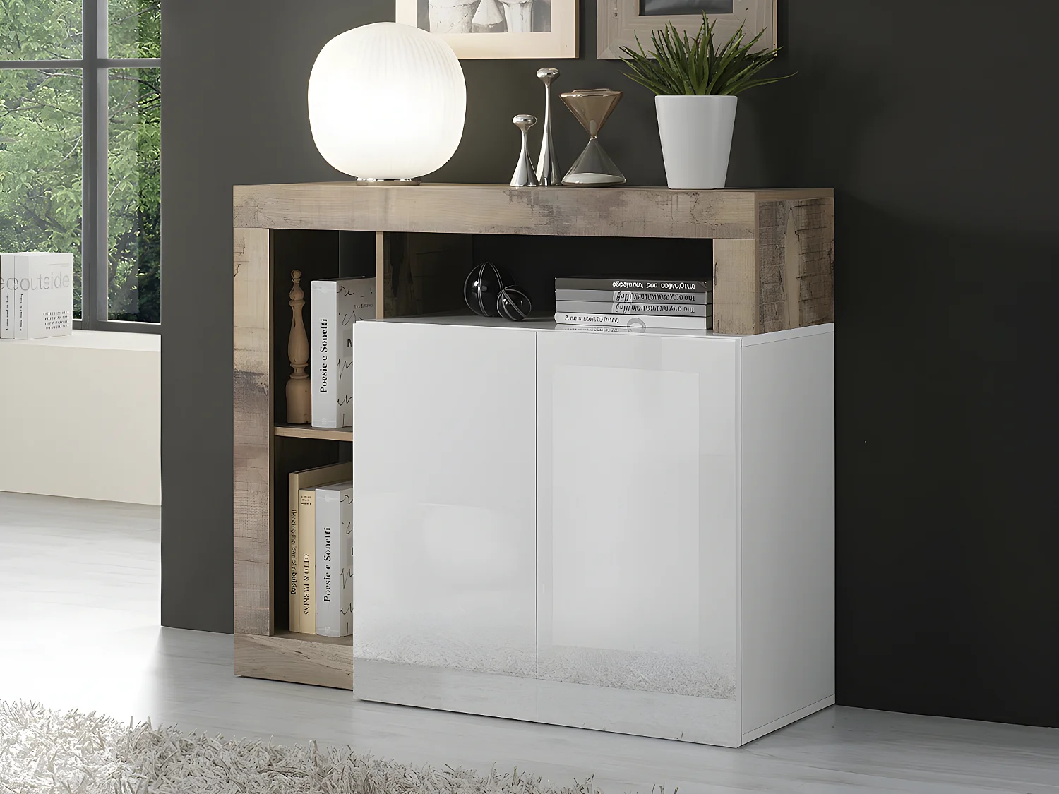 Buffet SEFRO - 2 portes et 3 niches - Blanc laqué et chêne