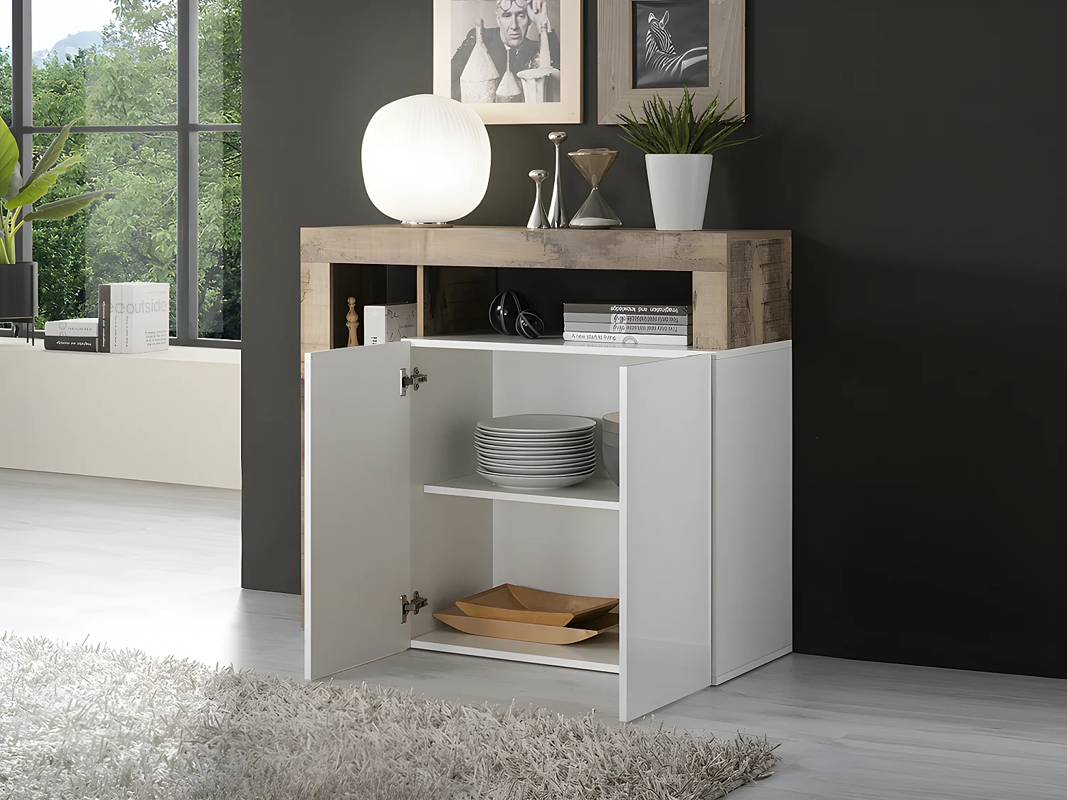 Sideboard mit 2 Türen & 3 Ablagen - Weiß lackiert & Eichefarben - SEFRO