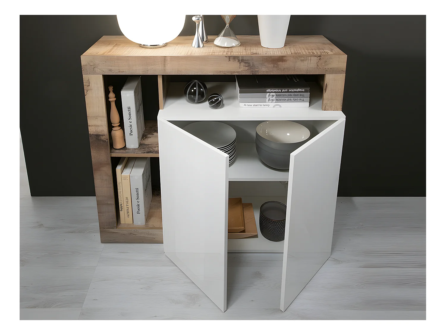 Sideboard mit 2 Türen & 3 Ablagen - Weiß lackiert & Eichefarben - SEFRO