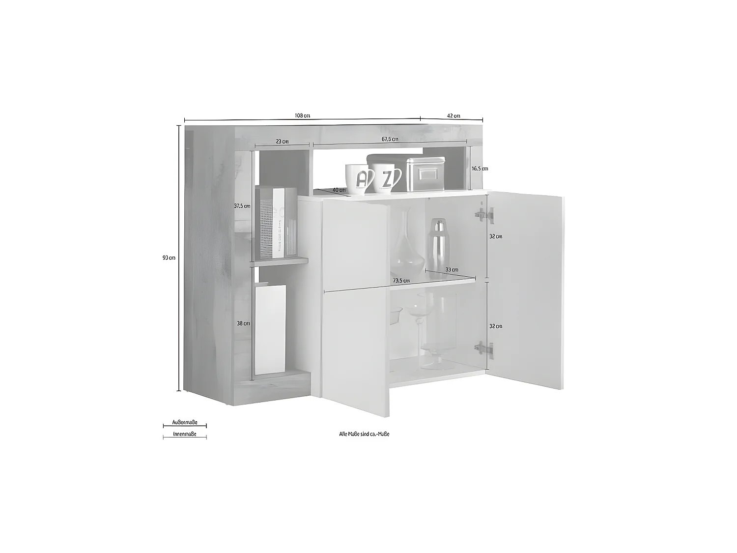 Sideboard mit 2 Türen & 3 Ablagen - Weiß lackiert & Eichefarben - SEFRO
