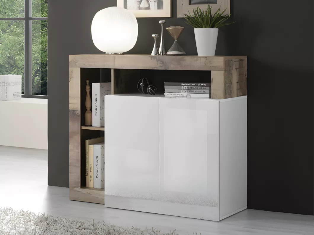 Kauf Unique Sideboard mit 2 Türen & 3 Ablagen - Weiß lackiert & Eichefarben - SEFRO