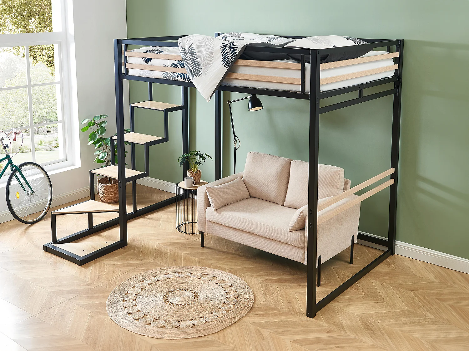 Hochbett - 140 x 200 cm - Metall & MDF - Naturfarben & Schwarz - JOGUI