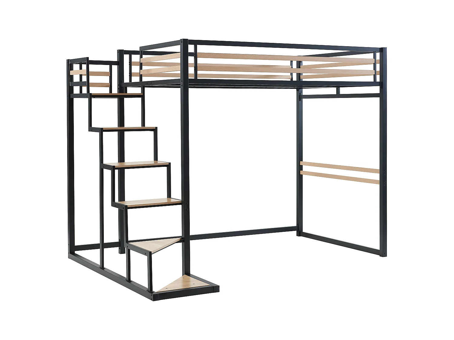 Cama alta 140 x 200 cm - metal y MDF - Negro y natural - JOGUI