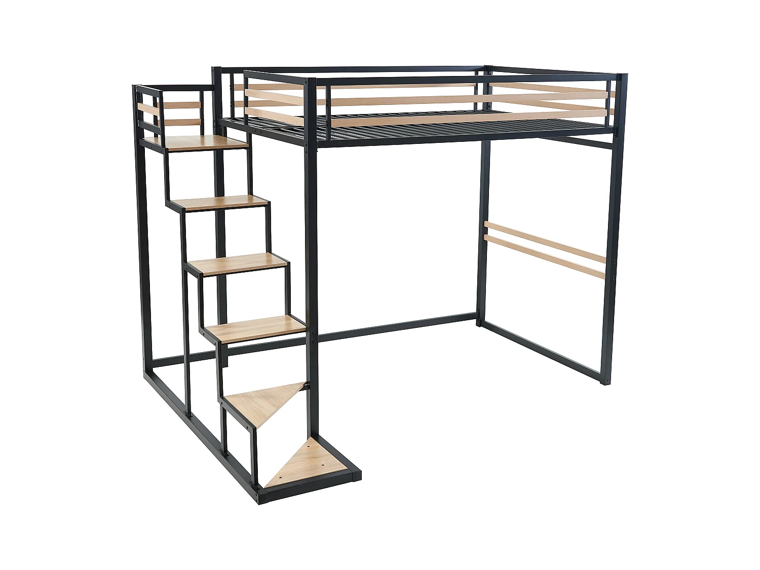 Cama alta 140 x 200 cm - metal y MDF - Negro y natural - JOGUI