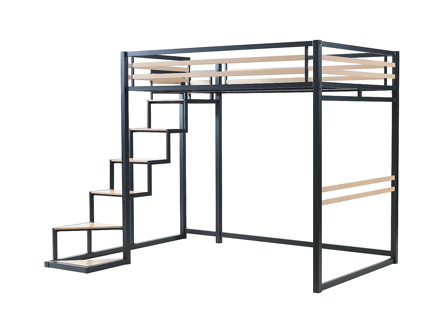 Cama alta 140 x 200 cm - metal y MDF - Negro y natural - JOGUI