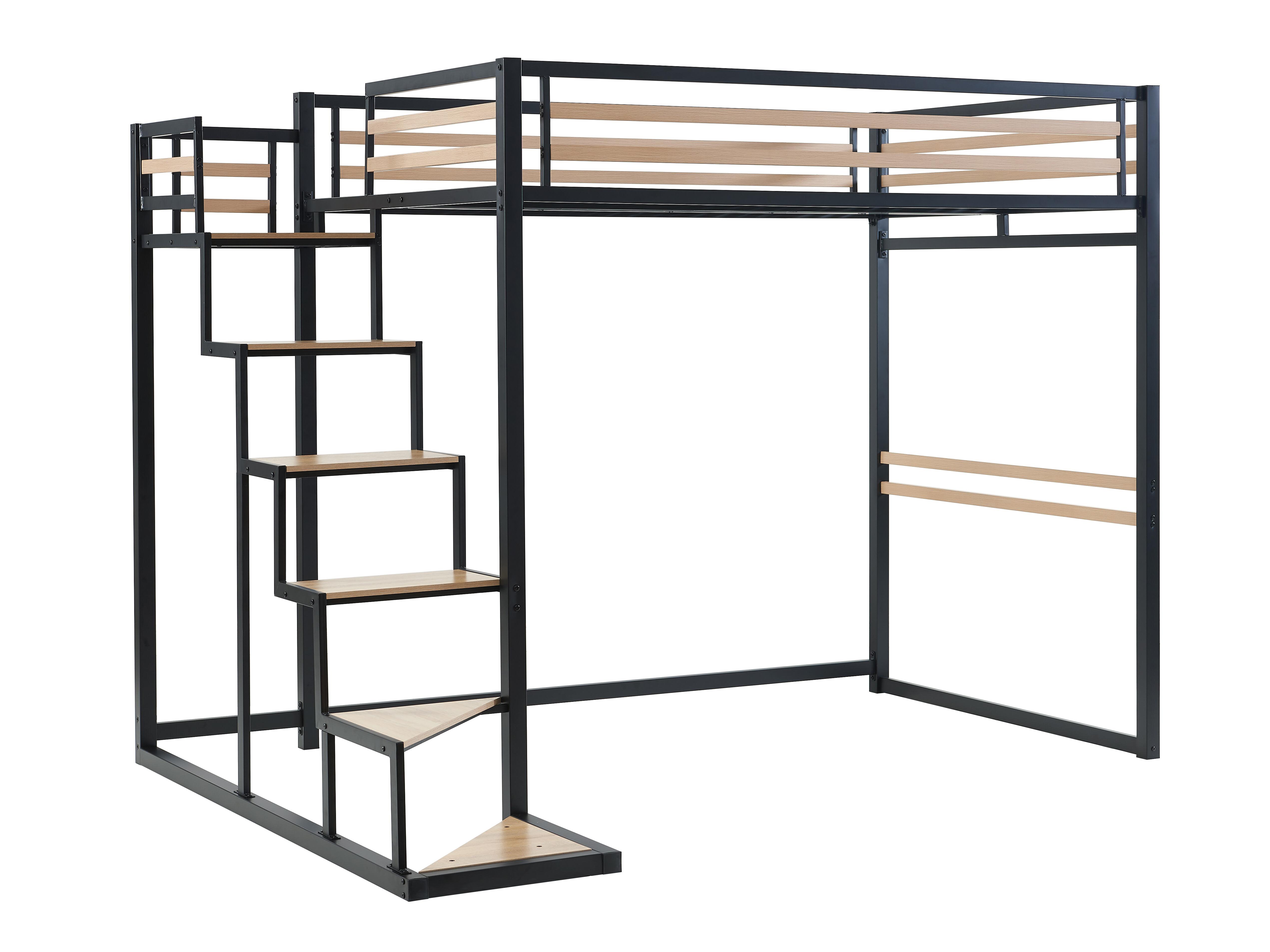 Hochbett 140 X 200 Cm Metall MDF Naturfarben Schwarz JOGUI 