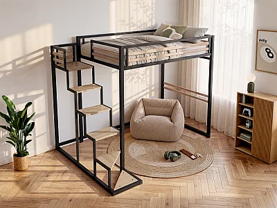 High sleeper bed 140 x 200 cm - metal and MDF - black and natural - JOGUI