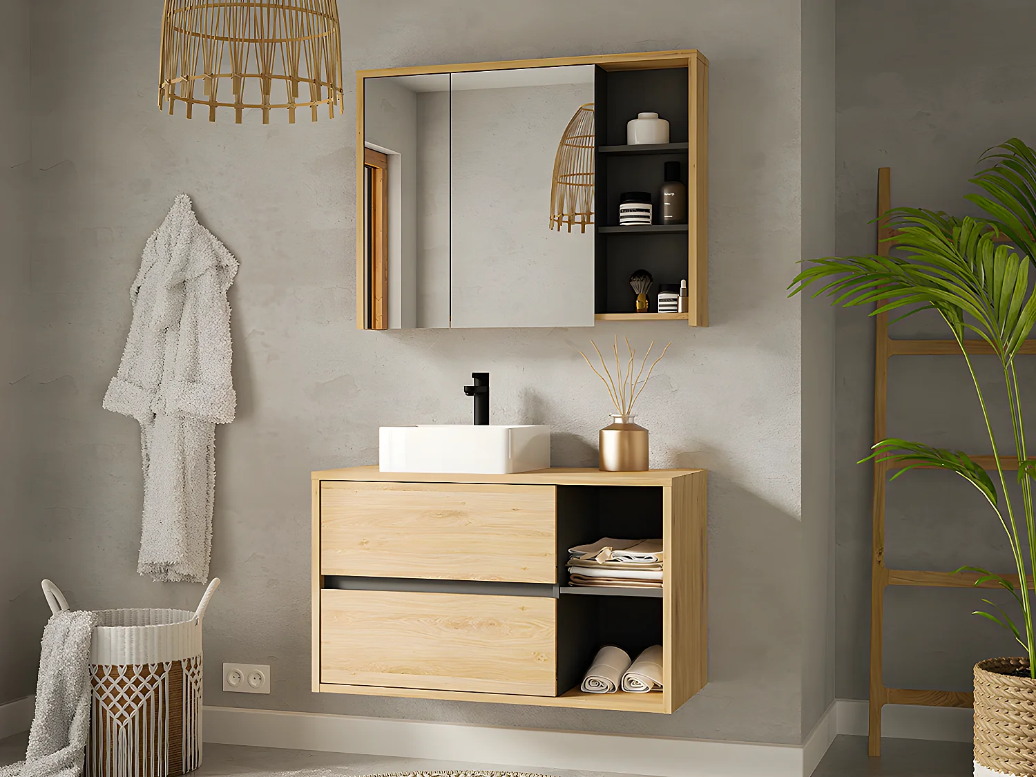 Meuble sous vasque suspendu coloris naturel - 100 cm - PURNAL