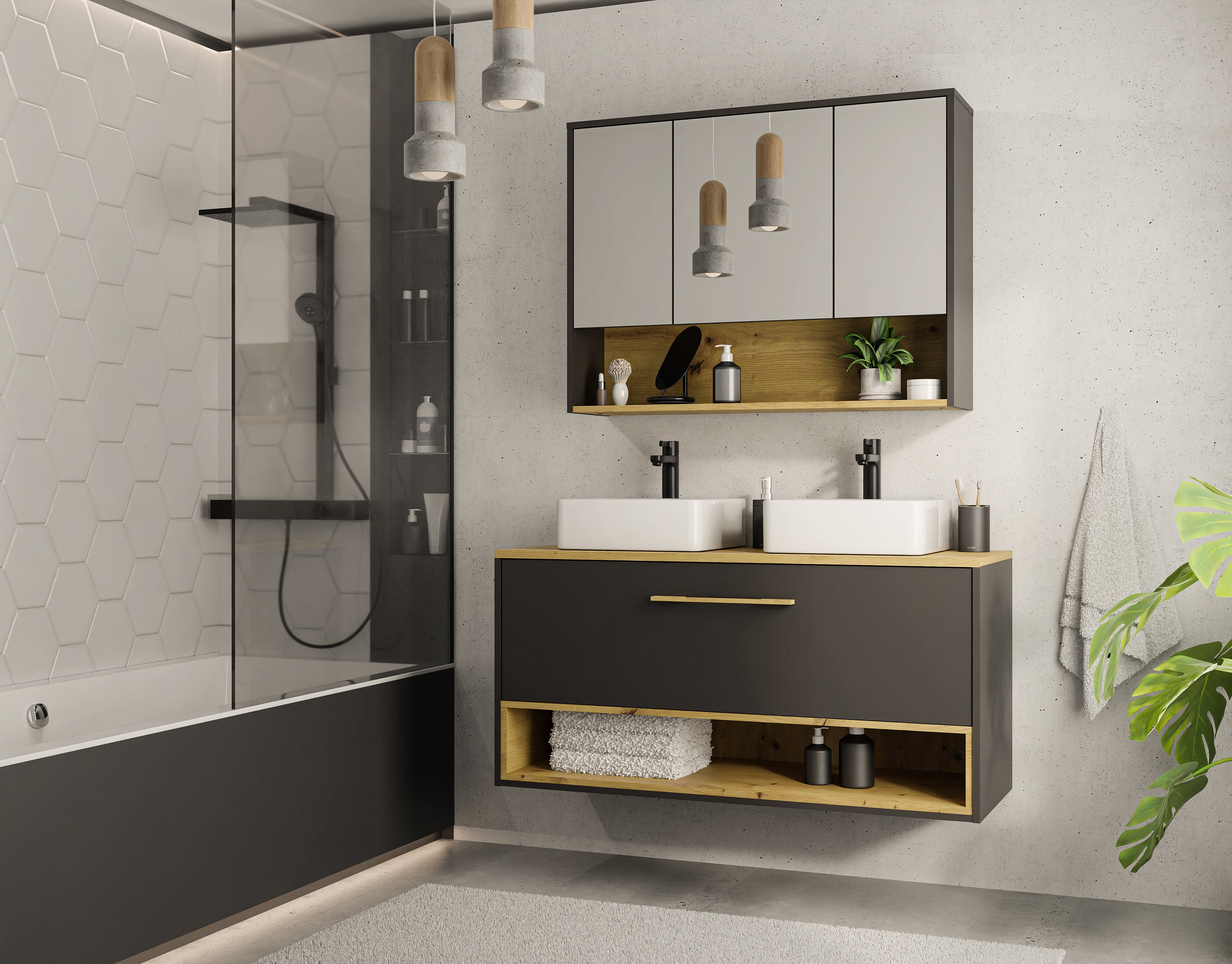 Armadio Alto Bagno Lomadox 35x170x33 Cm Antracite Satinato - Mobile Con Ante Soft Close E 6 Scomparti, Design Moderno
