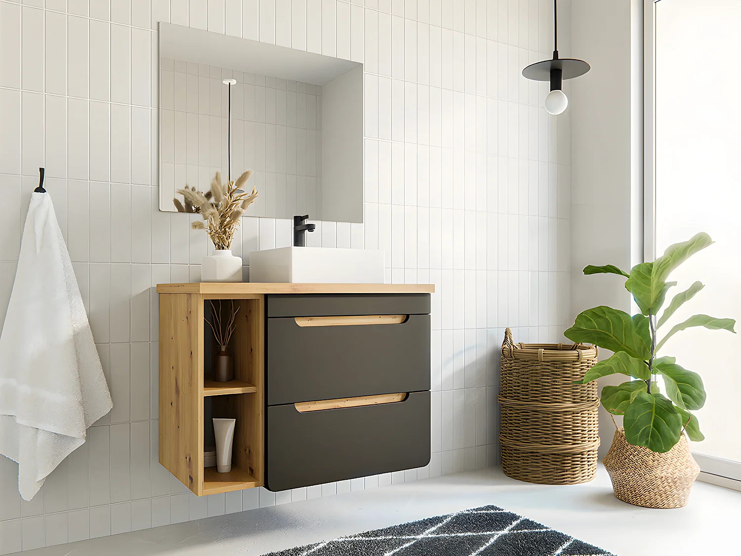Mobili per bagno sospeso con lavabo semplice e nicchie 80 cm Colore: Naturale e Antracite - ARUBA