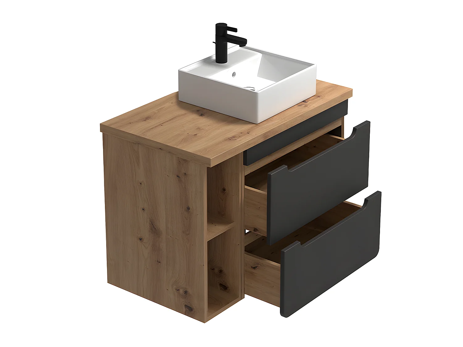 Waschbeckenunterschrank hängend mit Einzelwaschbecken & Ablagen - 80 cm - Naturfarben & Anthrazit - ARUBA