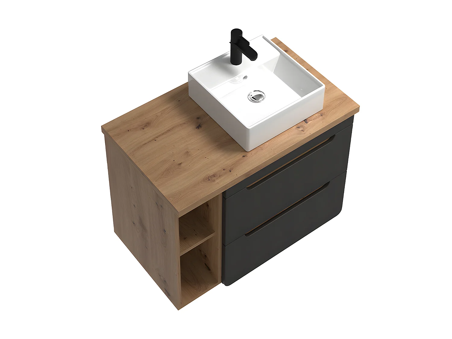 Waschbeckenunterschrank hängend mit Einzelwaschbecken & Ablagen - 80 cm - Naturfarben & Anthrazit - ARUBA
