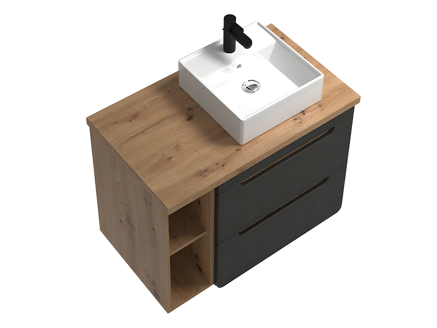 Meuble de salle de bain suspendu simple vasque et niches - Coloris naturel et anthracite - 80 cm - ARUBA